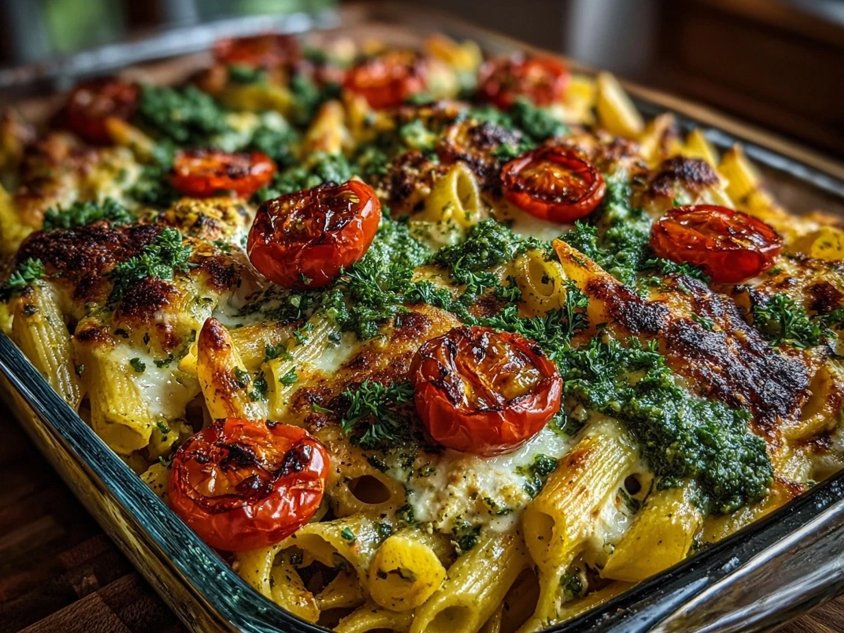 A vibrant plate of TikTok Baked Feta Pasta with Pesto ready to be served