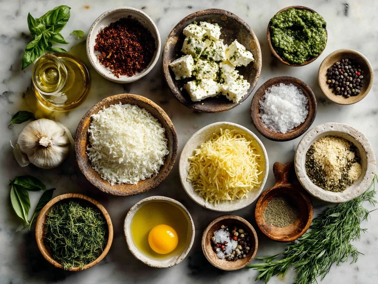 Ingredients laid out for TikTok Baked Feta Pasta with Pesto including feta, cherry tomatoes, garlic, olive oil, basil pesto, and pasta