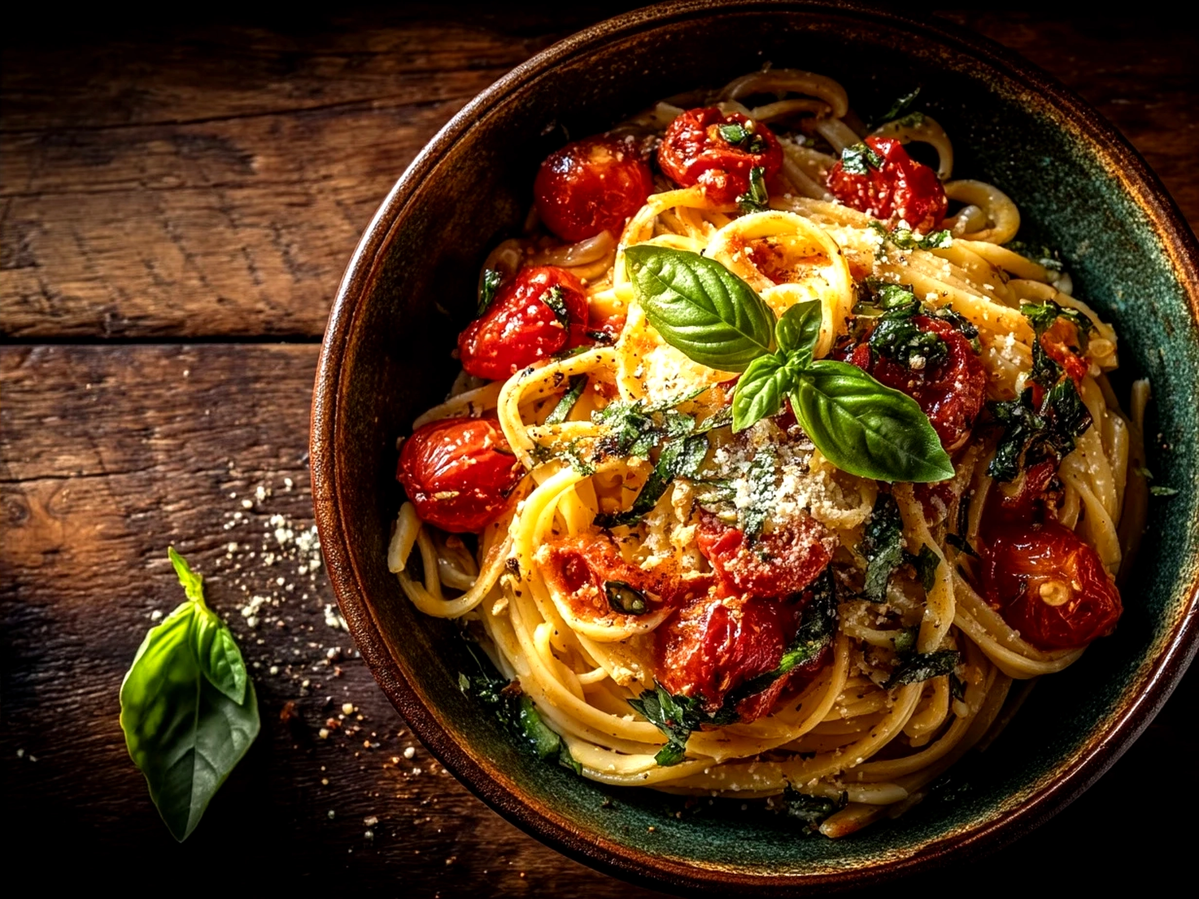 Finished Tomato Garlic Pasta served on a white plate garnished with fresh basil leaves