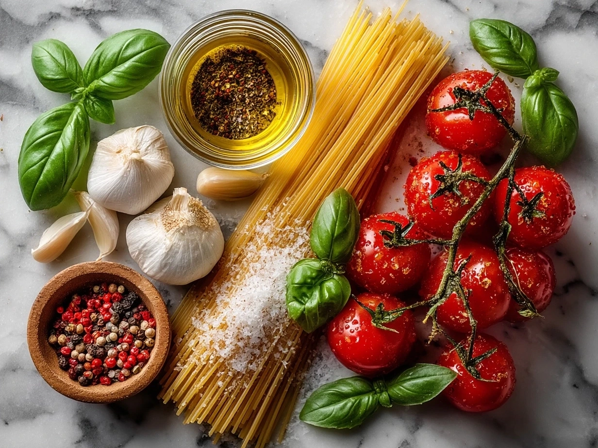 Fresh ingredients for Tomato Garlic Pasta including garlic, cherry tomatoes, olive oil, pasta, basil, and chili flakes