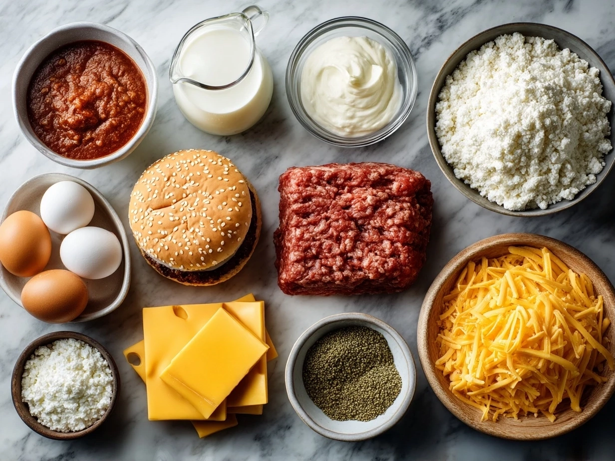 Top down view of raw ingredients for baked cheeseburger on marble surface