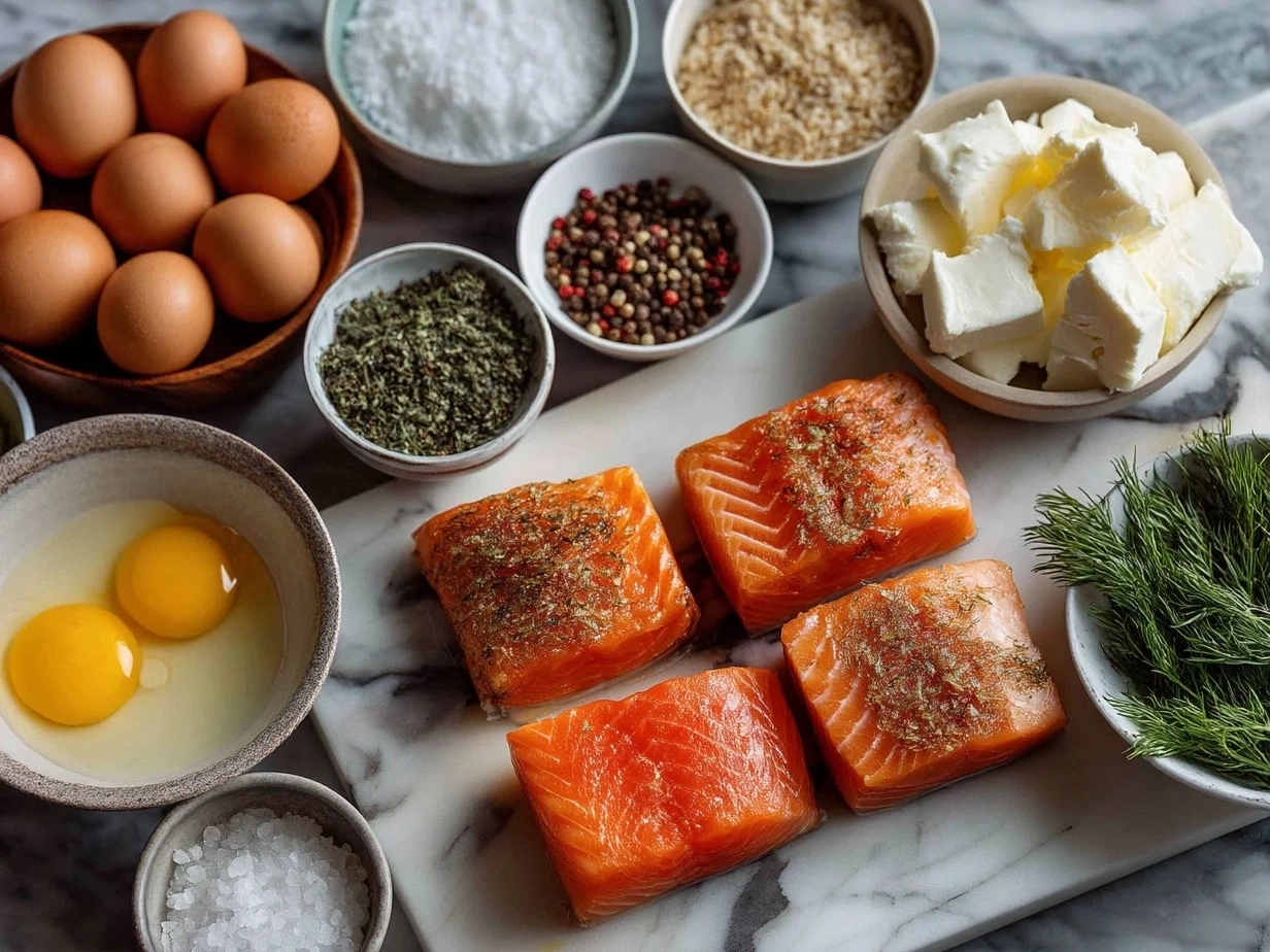 Top down view of raw ingredients for canned salmon cakes laid out on marble counter in an organized manner