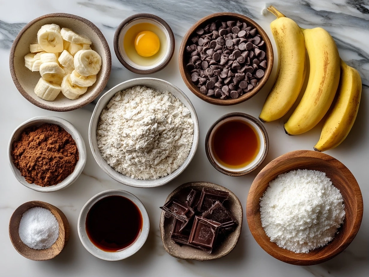 Top-down view of raw ingredients for Chocolate Chip Banana Bread on marble surface