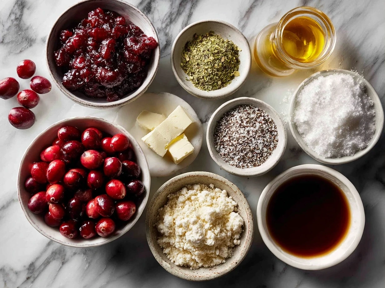 Top down view of raw ingredients for Cranberry Jalapeño Dip including cream cheese, cranberry sauce, jalapeños, lime and green onions