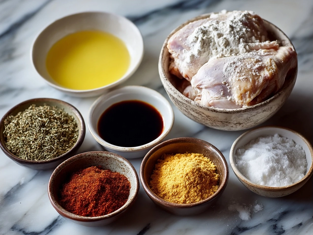 Raw ingredients for Crockpot BBQ Chicken arranged top-down