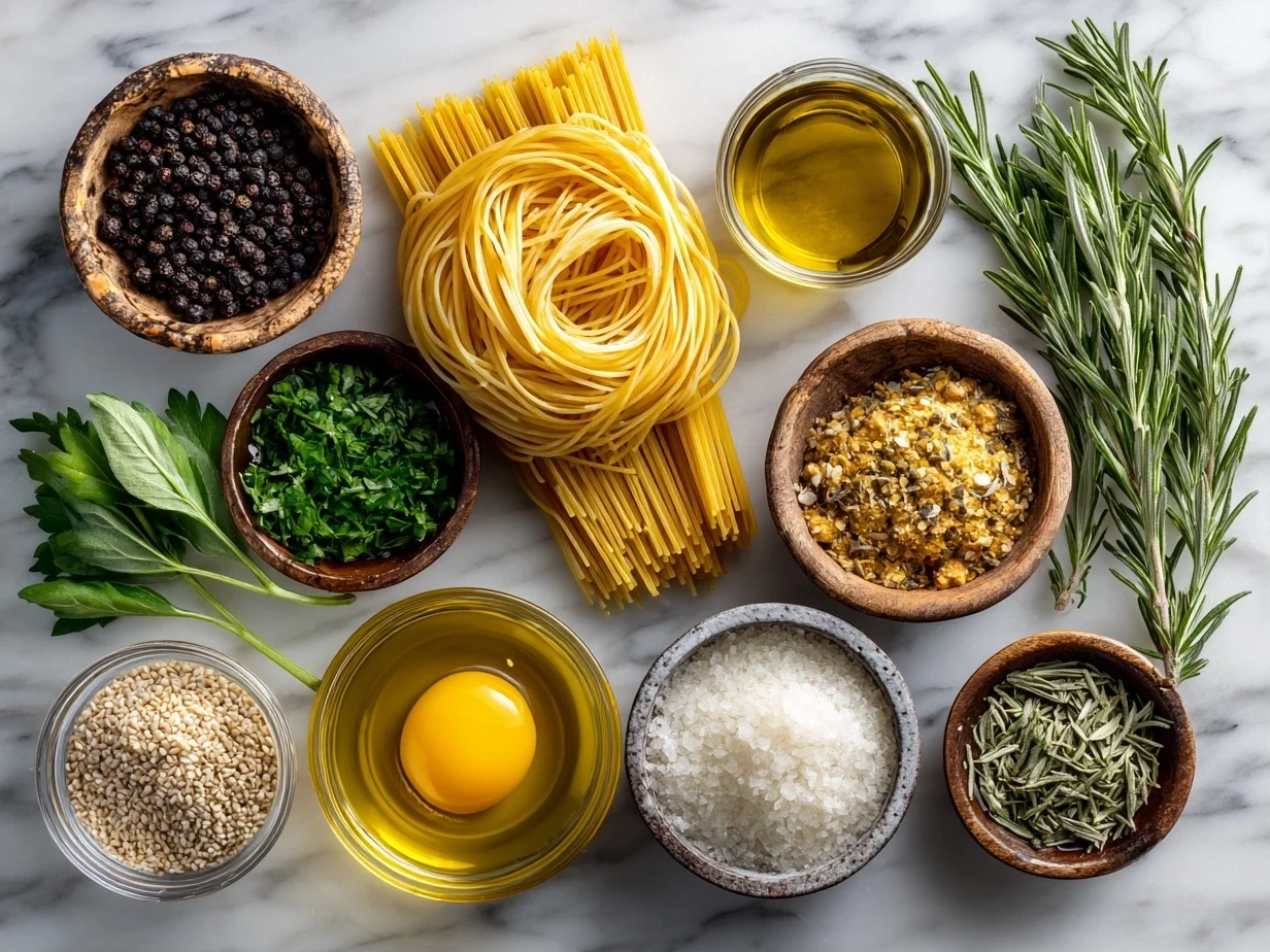 Top-down image of raw ingredients for Crockpot Chicken Spaghetti arranged on a counter