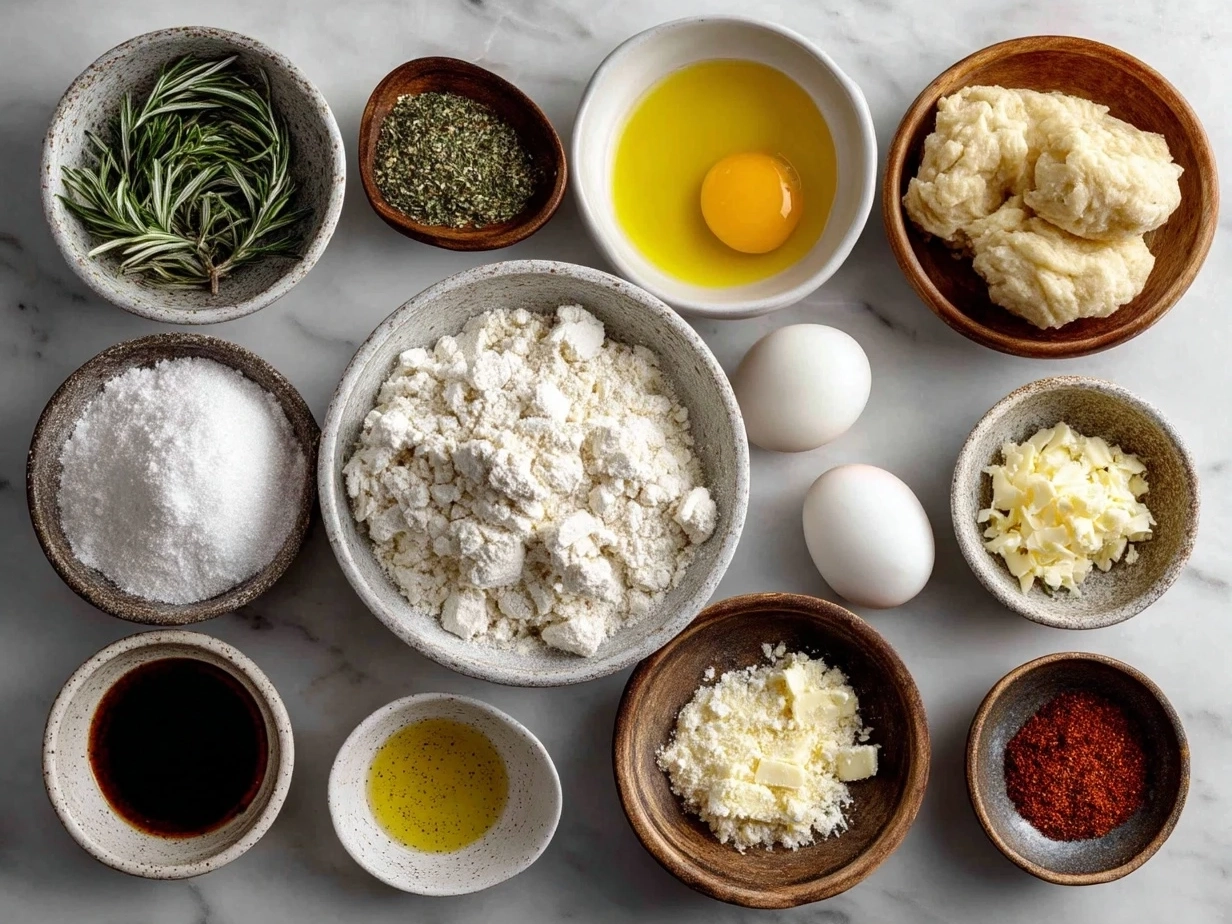 Raw ingredients for making garlic knots laid out on a surface