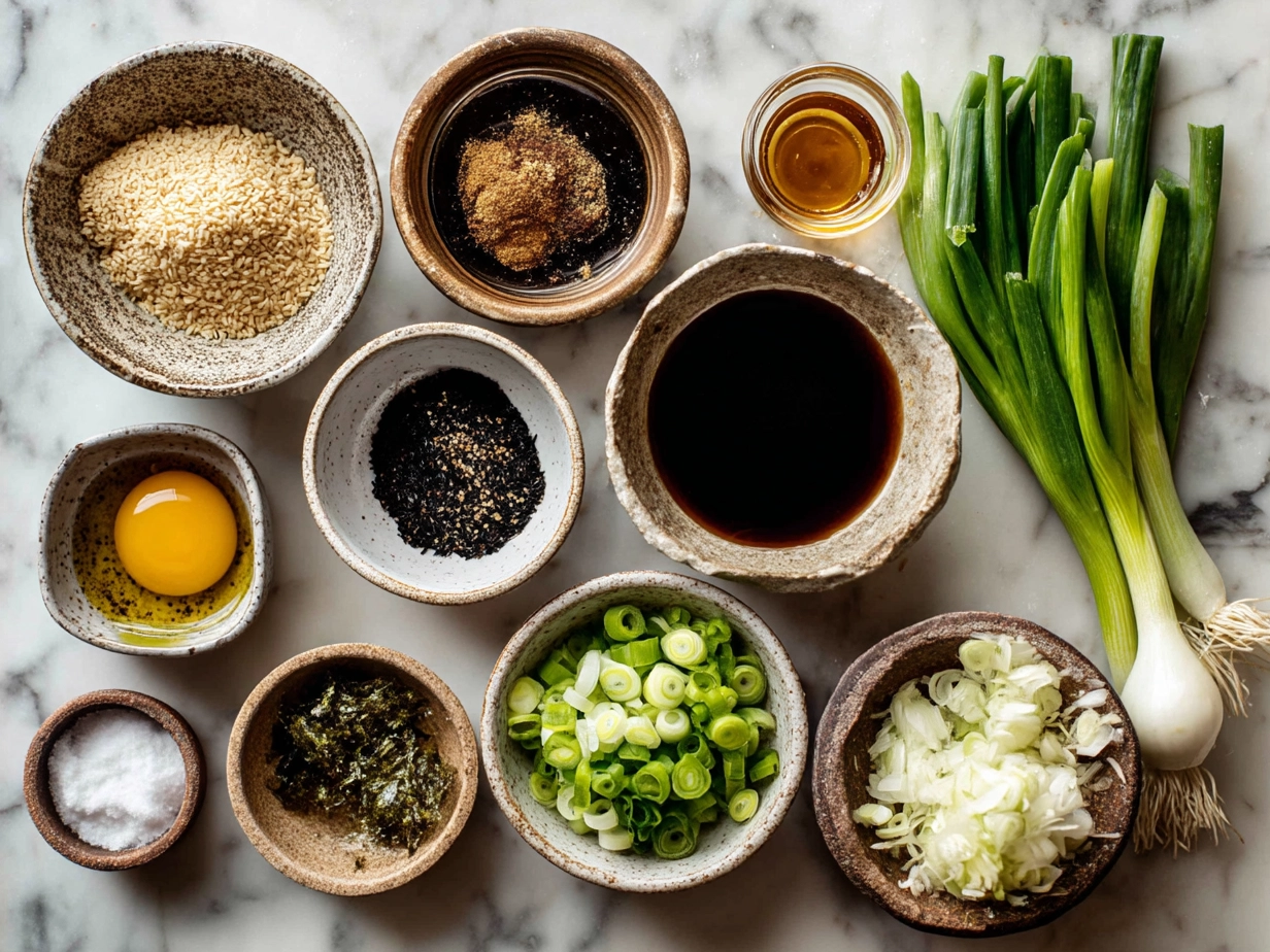 Top down view of raw ingredients for Japanese Onion Soup arranged on a marble surface