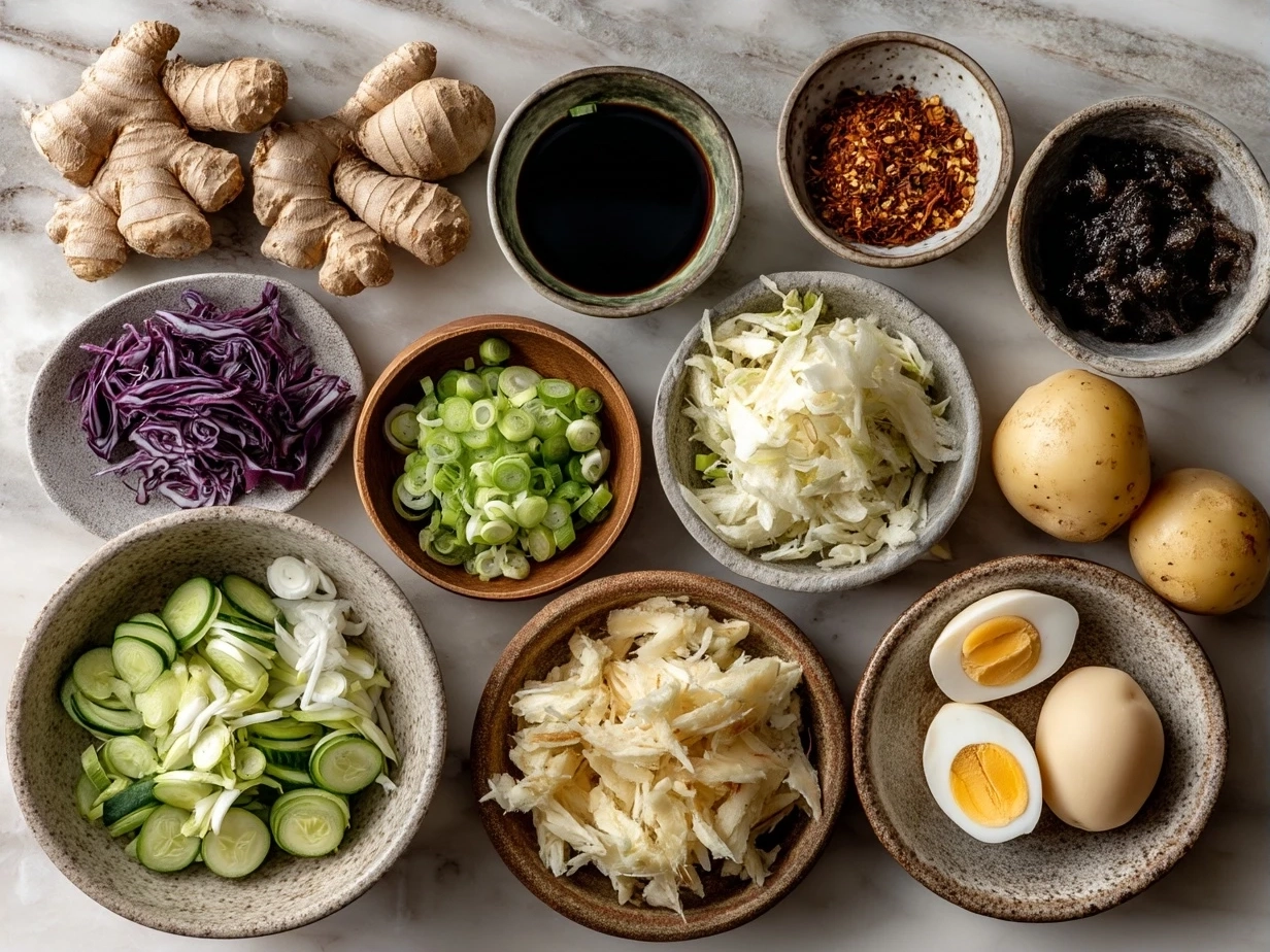 Ingredients for Japanese Potato Salad including potatoes, cucumbers, red onion, eggs, and Japanese mayo