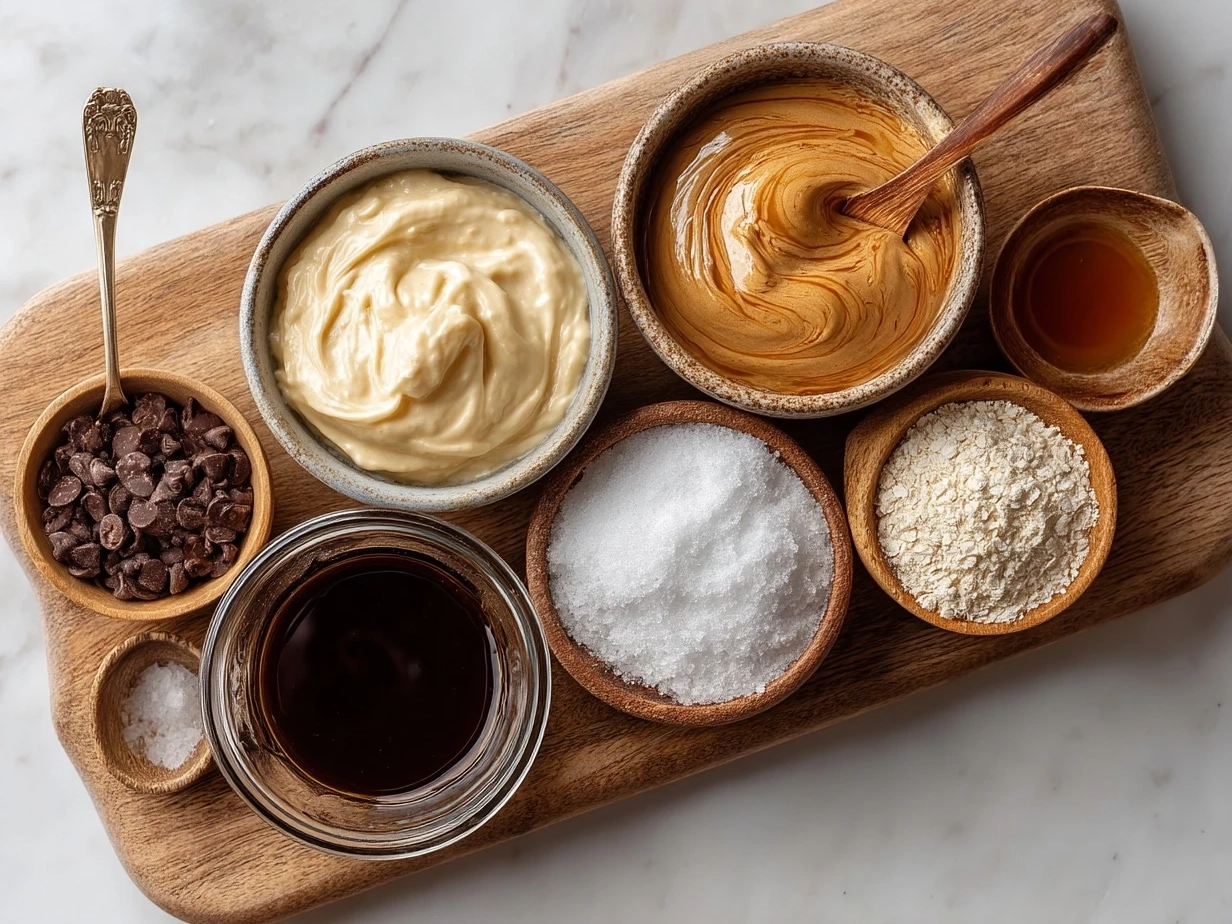 Top down raw ingredients for Nacho Cheese Sauce on marble, modern kitchen organized mise en place