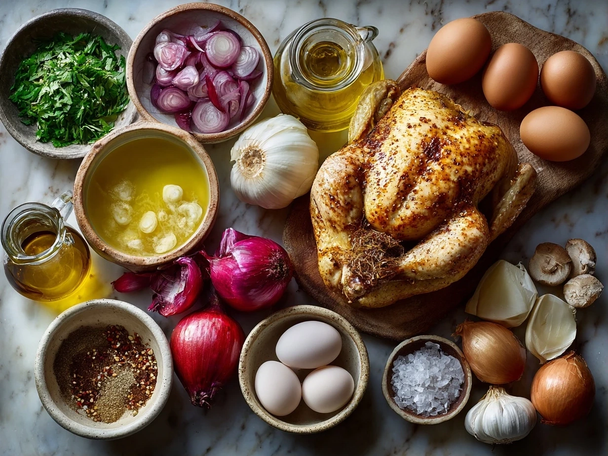 Raw ingredients for Peruvian-Style Roast Chicken arranged on a table