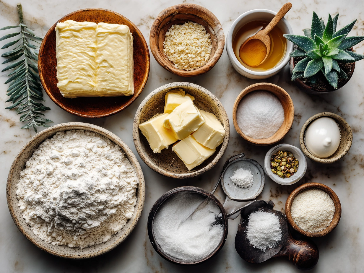 Top-down view of raw ingredients for Pistachio Lush Dessert displayed on marble surface