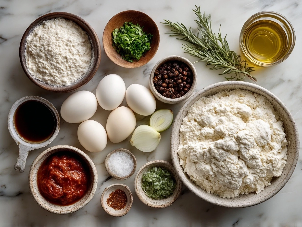 Top down raw ingredients for White Pizza on marble surface