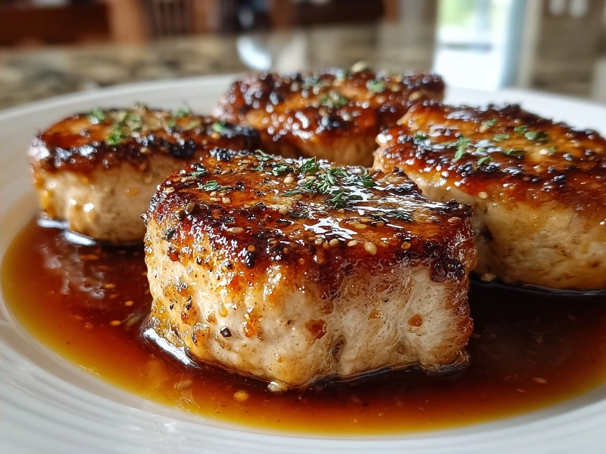 Final plated Turkey Medallions with Orange Teriyaki Sauce with fresh green onions and sesame seeds garnish