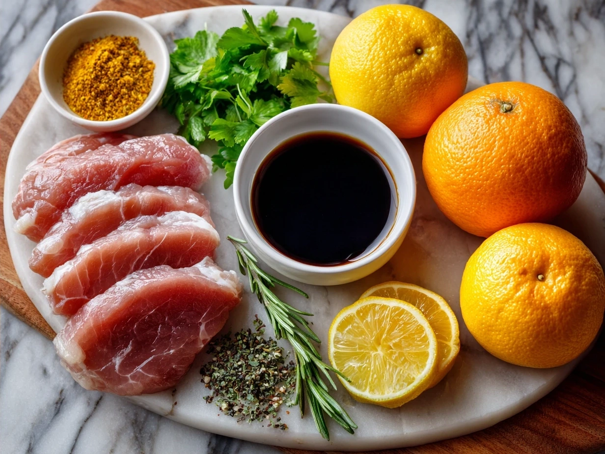 Ingredients for Turkey Medallions with Orange Teriyaki Sauce including turkey medallions, orange juice, soy sauce, honey, and fresh ginger.