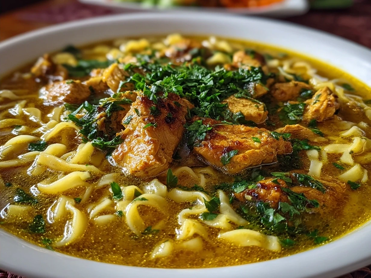 A steaming bowl of Turmeric Ginger Chicken Noodle Soup with fresh herbs garnishing and a golden broth glow.