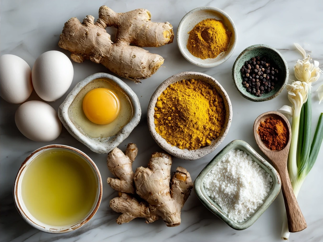 Ingredients for Turmeric Ginger Chicken Noodle Soup including olive oil, onions, garlic, ginger, turmeric, cumin, chicken broth, chicken breasts, carrots, celery, egg noodles, salt, pepper, and fresh herbs.