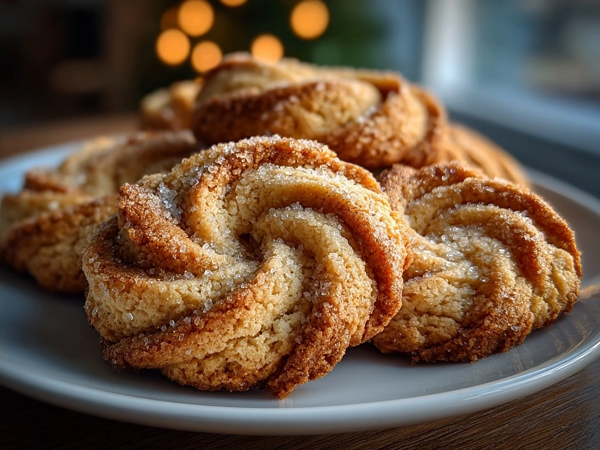 Delicious Twisted Christmas Cookies stiffly twisted and glowing golden on a festive plate