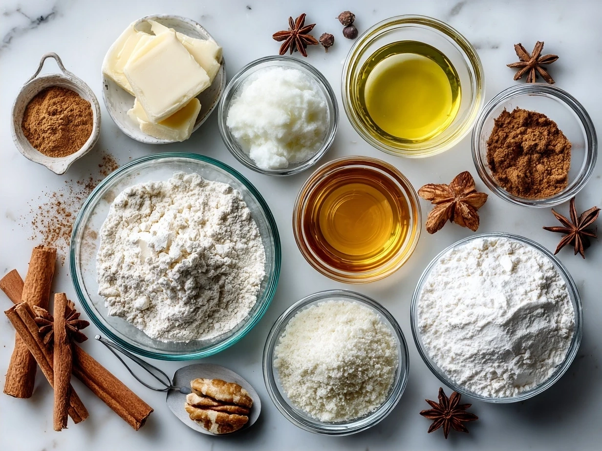Ingredients for Twisted Christmas Cookies laid out on a table, including flour, sugar, butter, spices, orange zest, and nuts