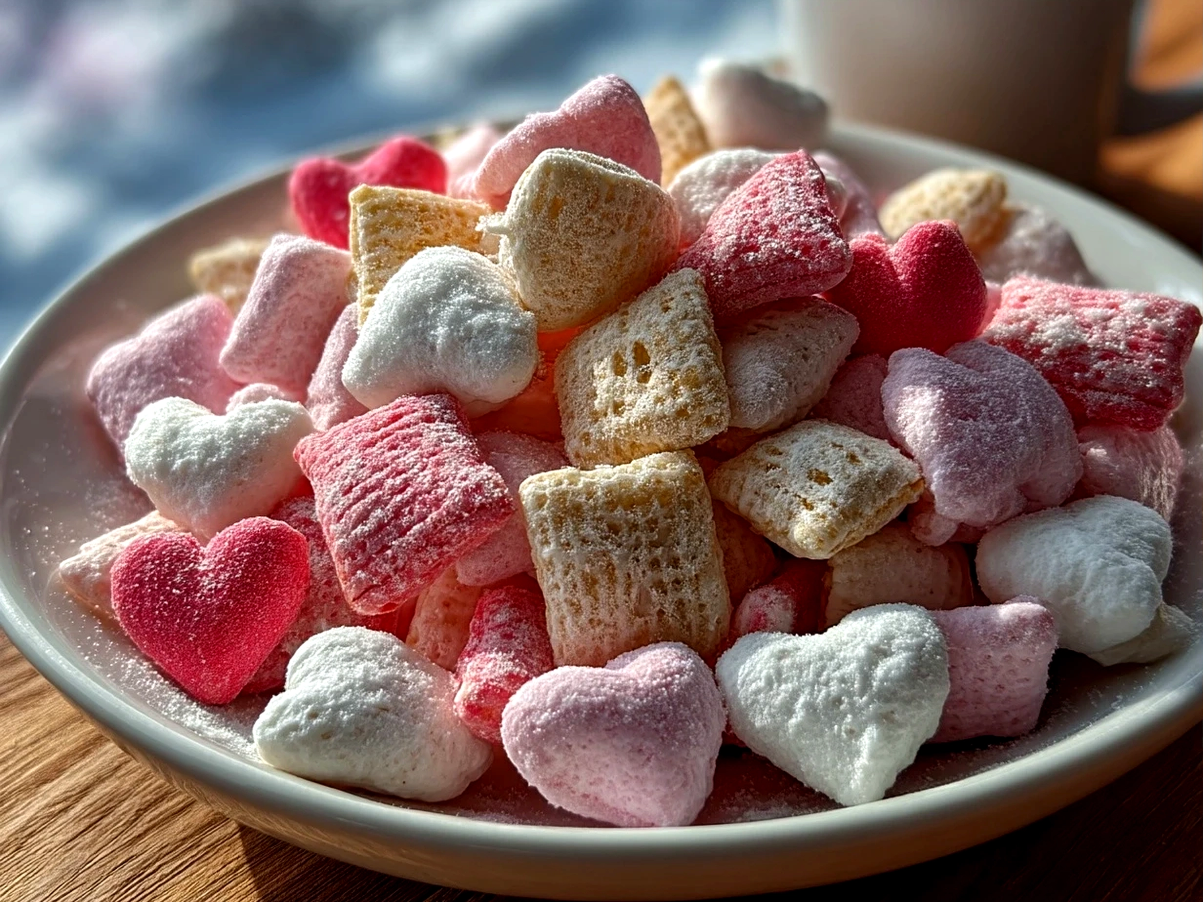 Valentines Day Muddy Buddies served in a clear glass bowl with red and pink sprinkles