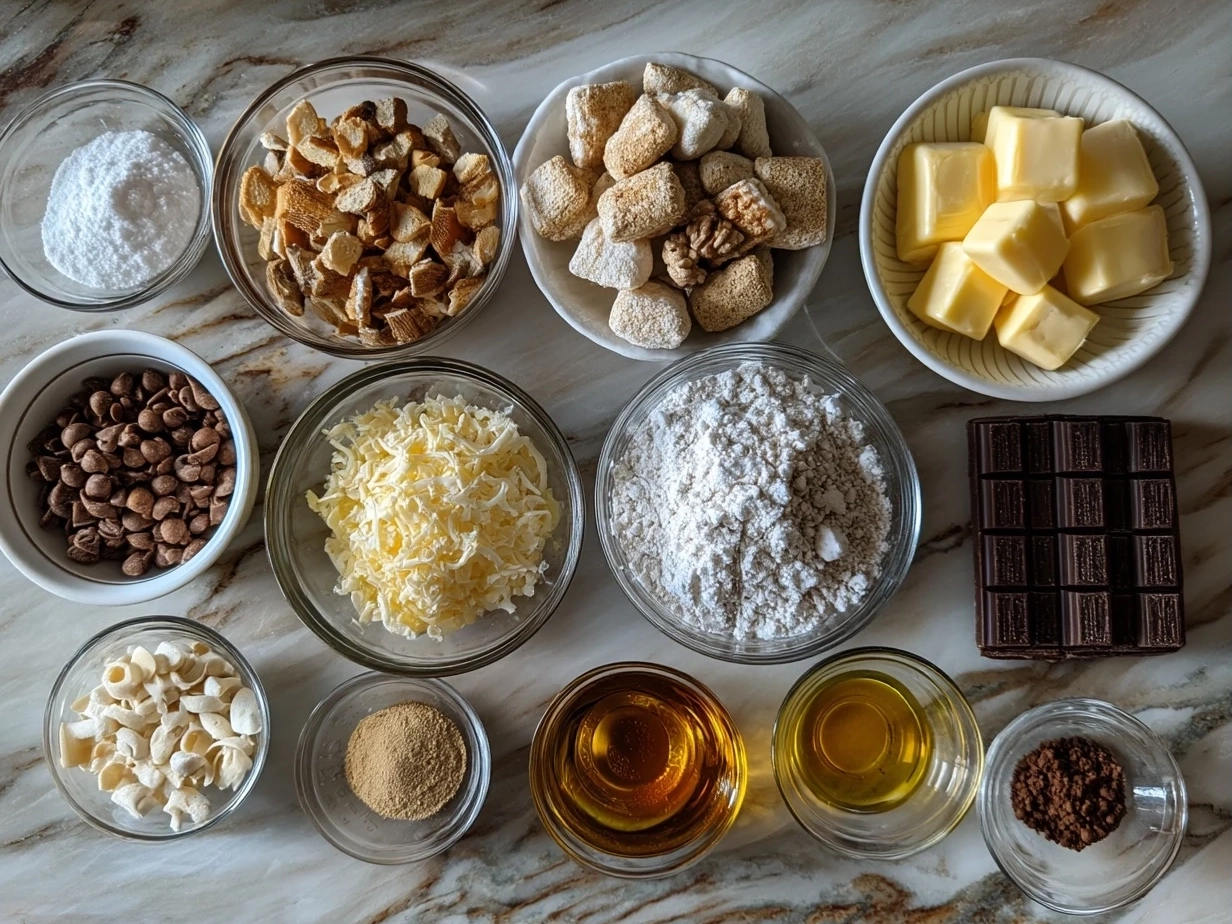Ingredients to make Valentines Day Muddy Buddies including Rice Chex cereal, chocolate chips, peanut butter, butter, vanilla extract, powdered sugar, and sprinkles