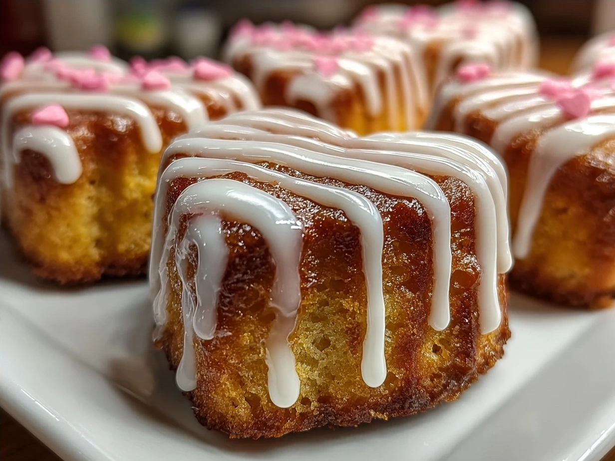 Finished Valentines Mini Heart Cakes on a decorative plate, rich red velvet with cream cheese frosting