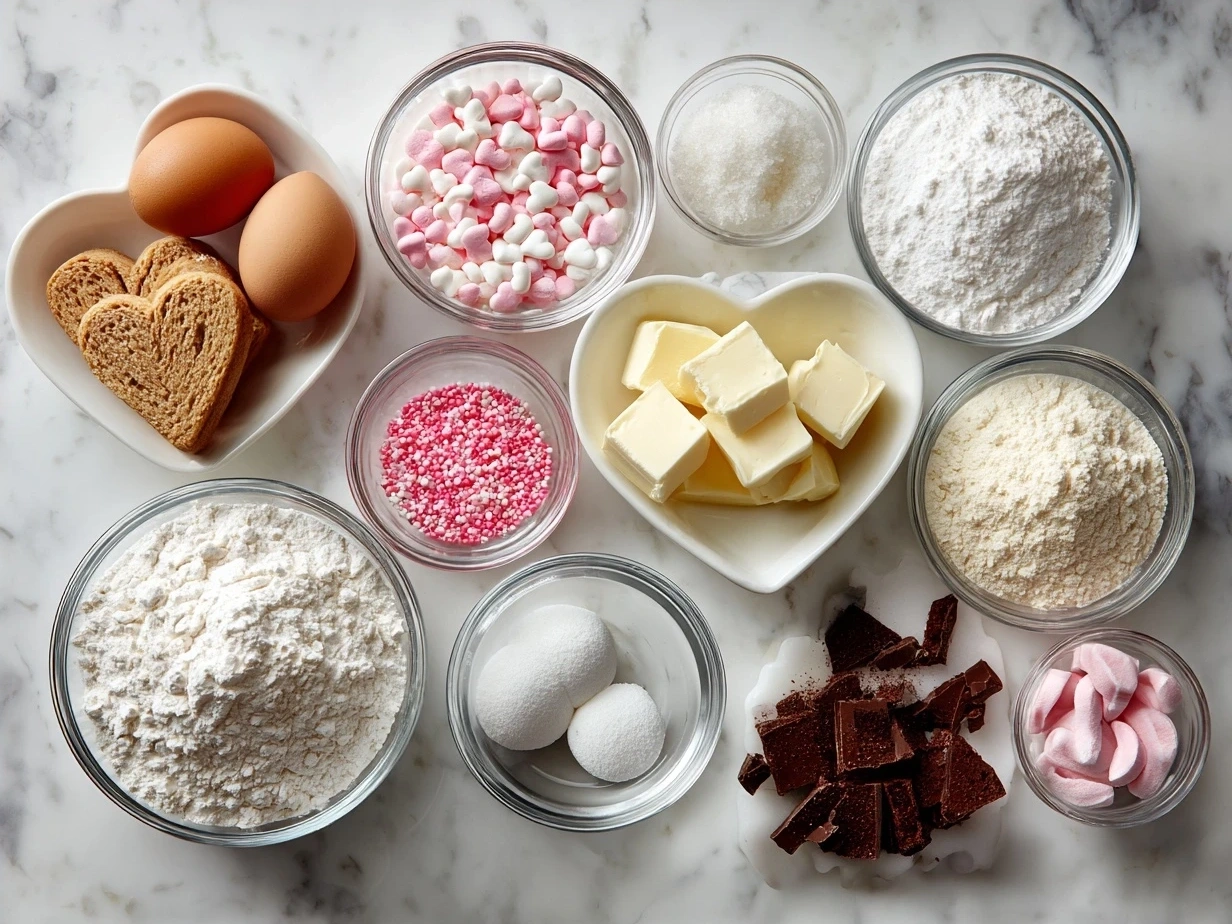 Ingredients for Valentines Mini Heart Cakes Recipe including flour, sugar, cocoa powder, eggs, buttermilk, and more