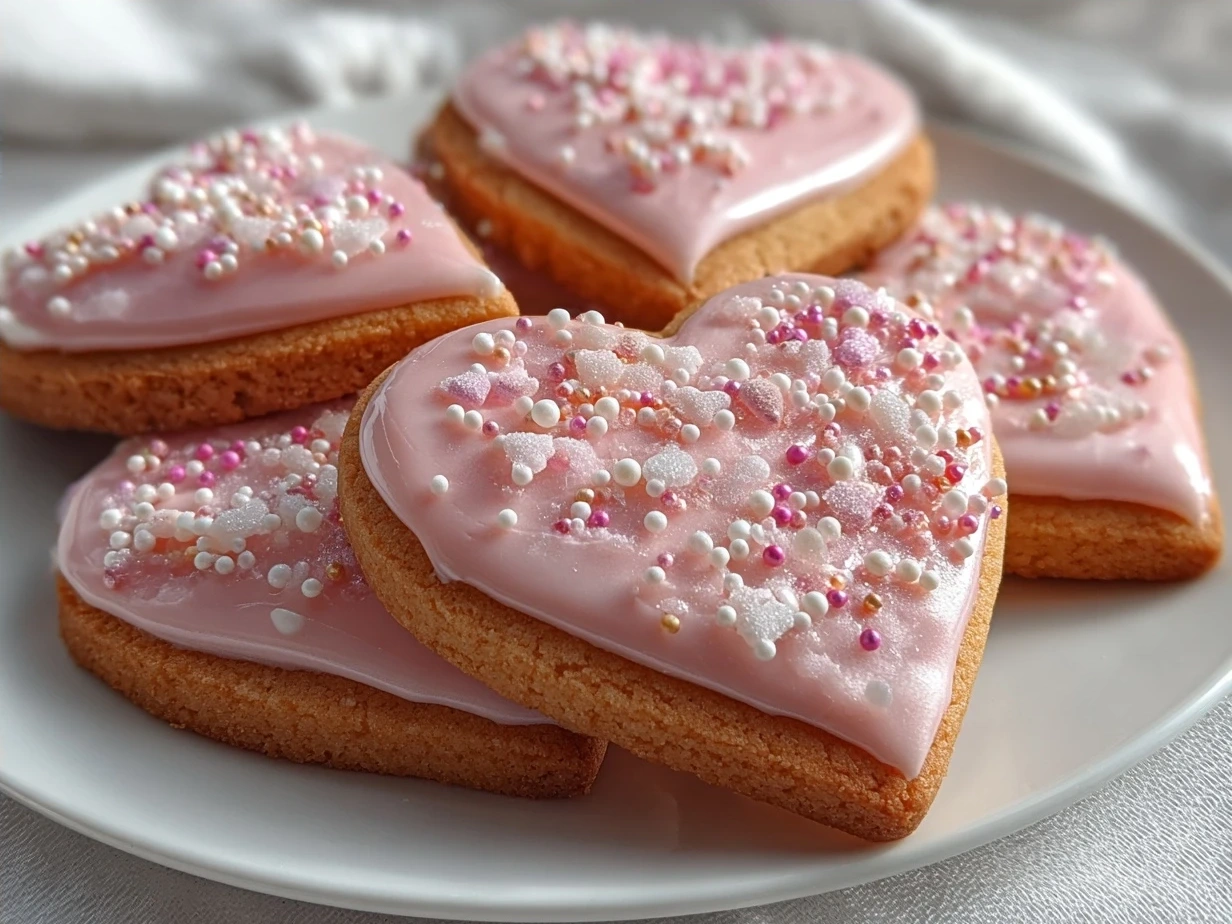 Freshly baked Valentine Sugar Cookies with almond and vanilla flavor, beautifully arranged