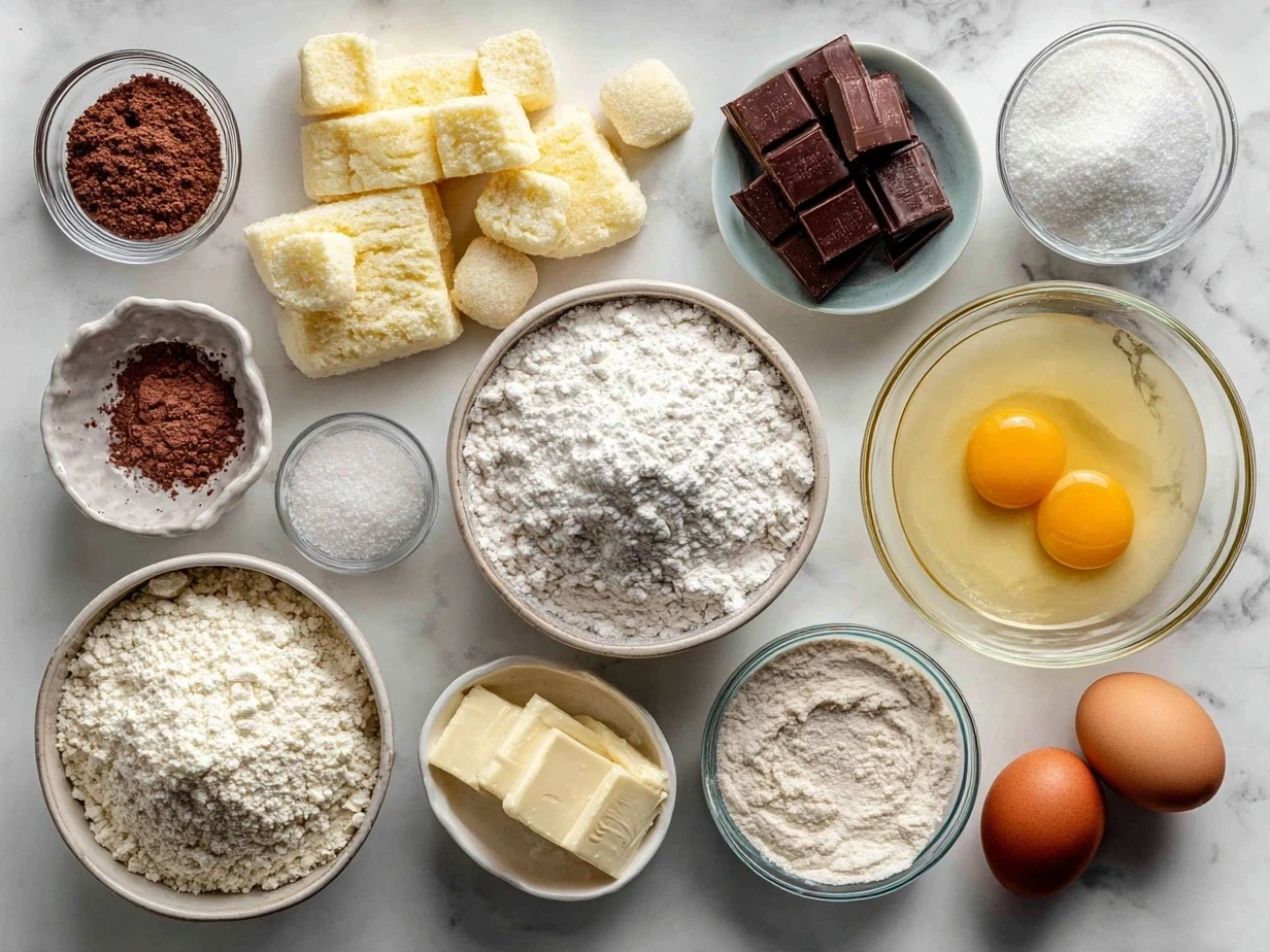 Ingredients for Valentine Sugar Cookies including flour, butter, sugar, eggs, vanilla, and almond extract