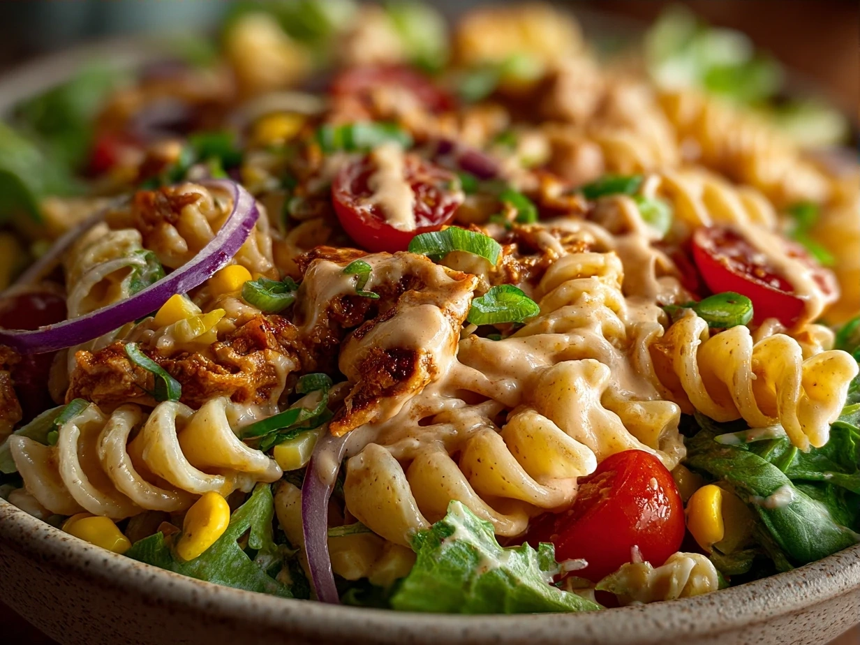 Final Vegan BBQ Ranch Pasta Salad served with fresh herbs on top