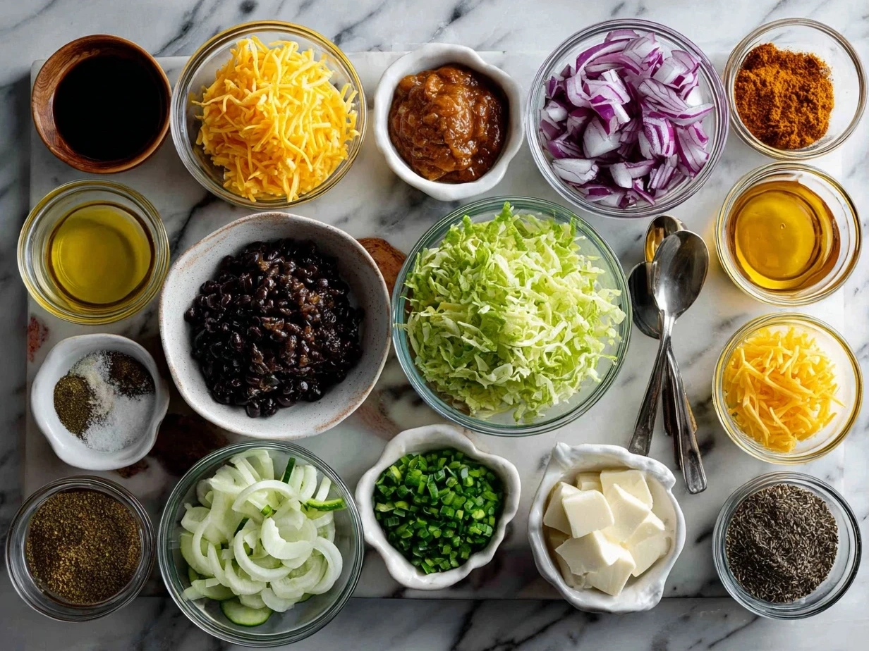 Ingredients for Vegan BBQ Ranch Pasta Salad including pasta, vegan mayo, veggies, and spices