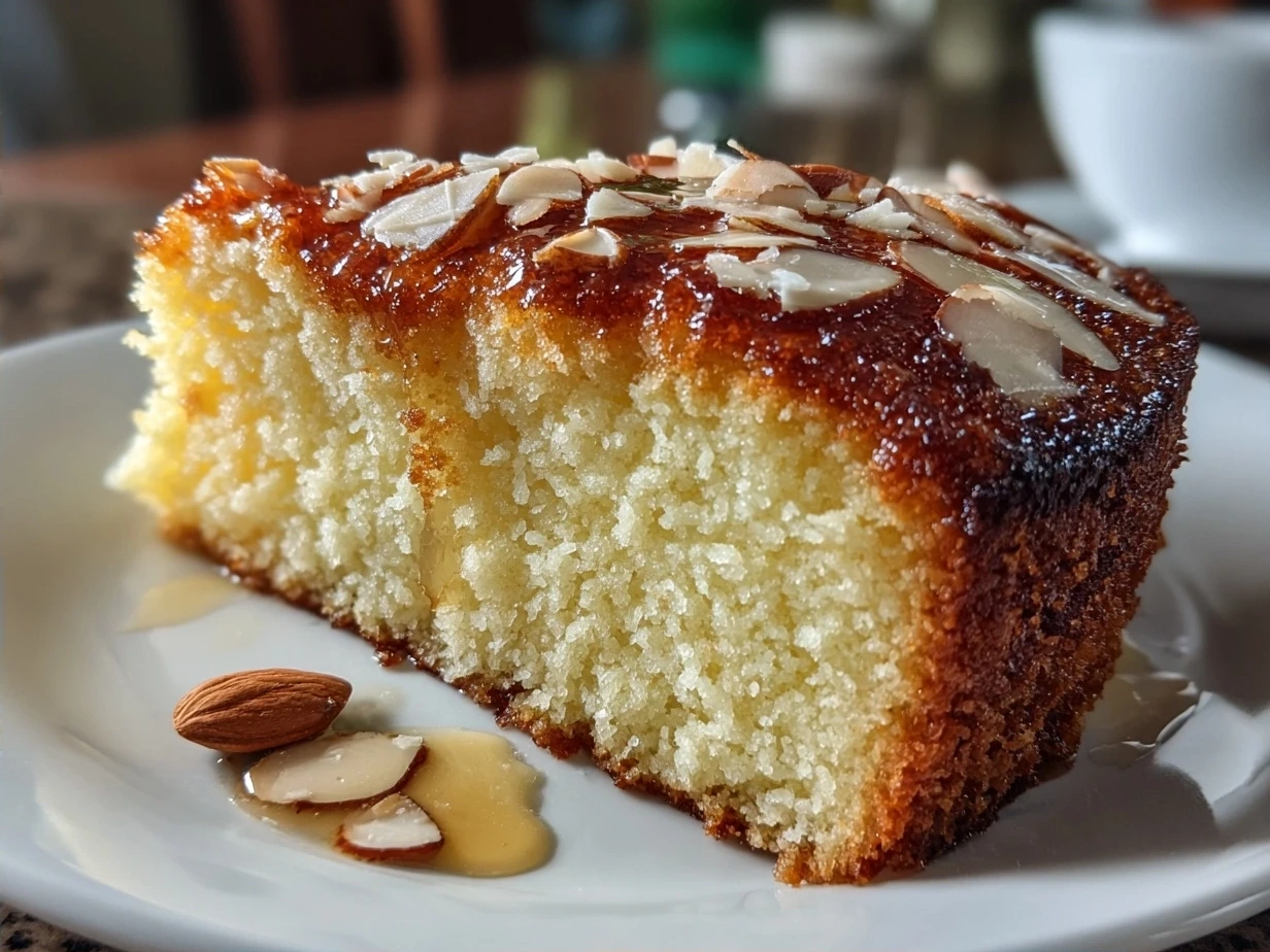 A beautifully finished White Almond Cake showcasing a moist texture and almond topping.
