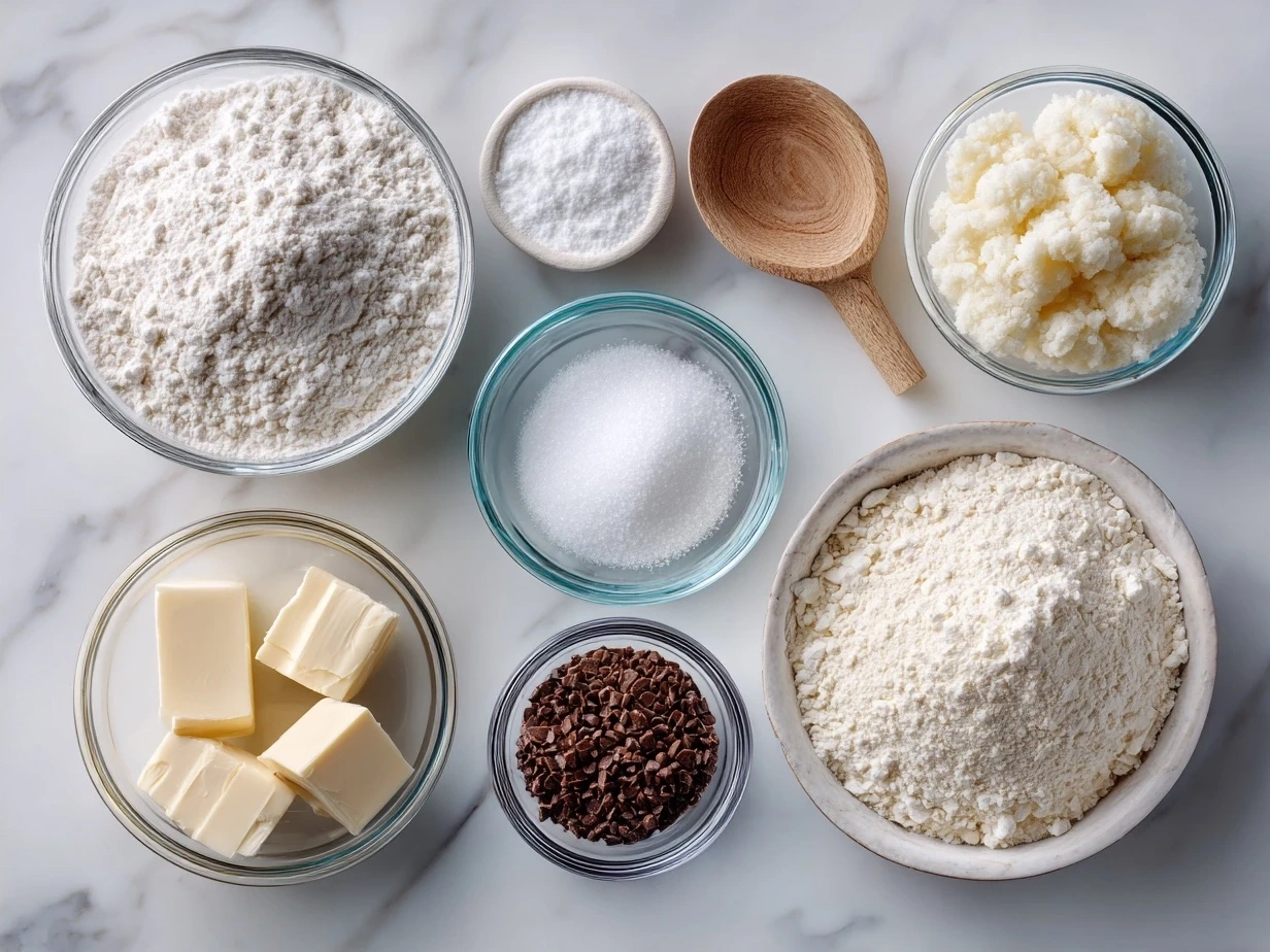 Ingredients for White Almond Cake including almond flour, sugar, eggs, vanilla extract, baking powder, and salt.