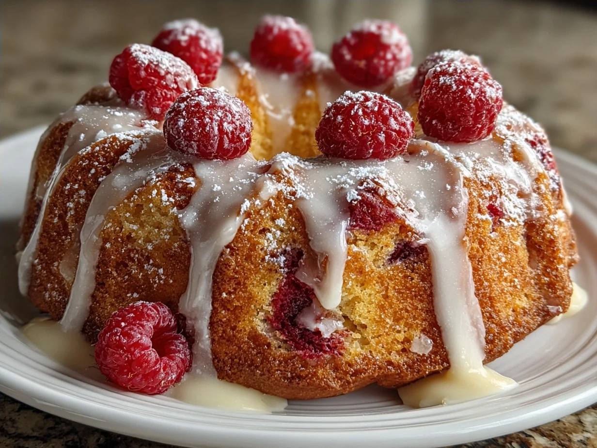 A beautifully finished White Chocolate Raspberry Bundt Cake showcasing moist texture and vibrant raspberries