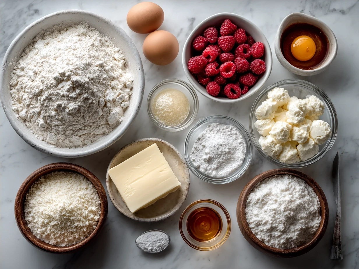 Ingredients laid out for White Chocolate Raspberry Bundt Cake including flour, eggs, white chocolate, raspberries, sugar, and butter
