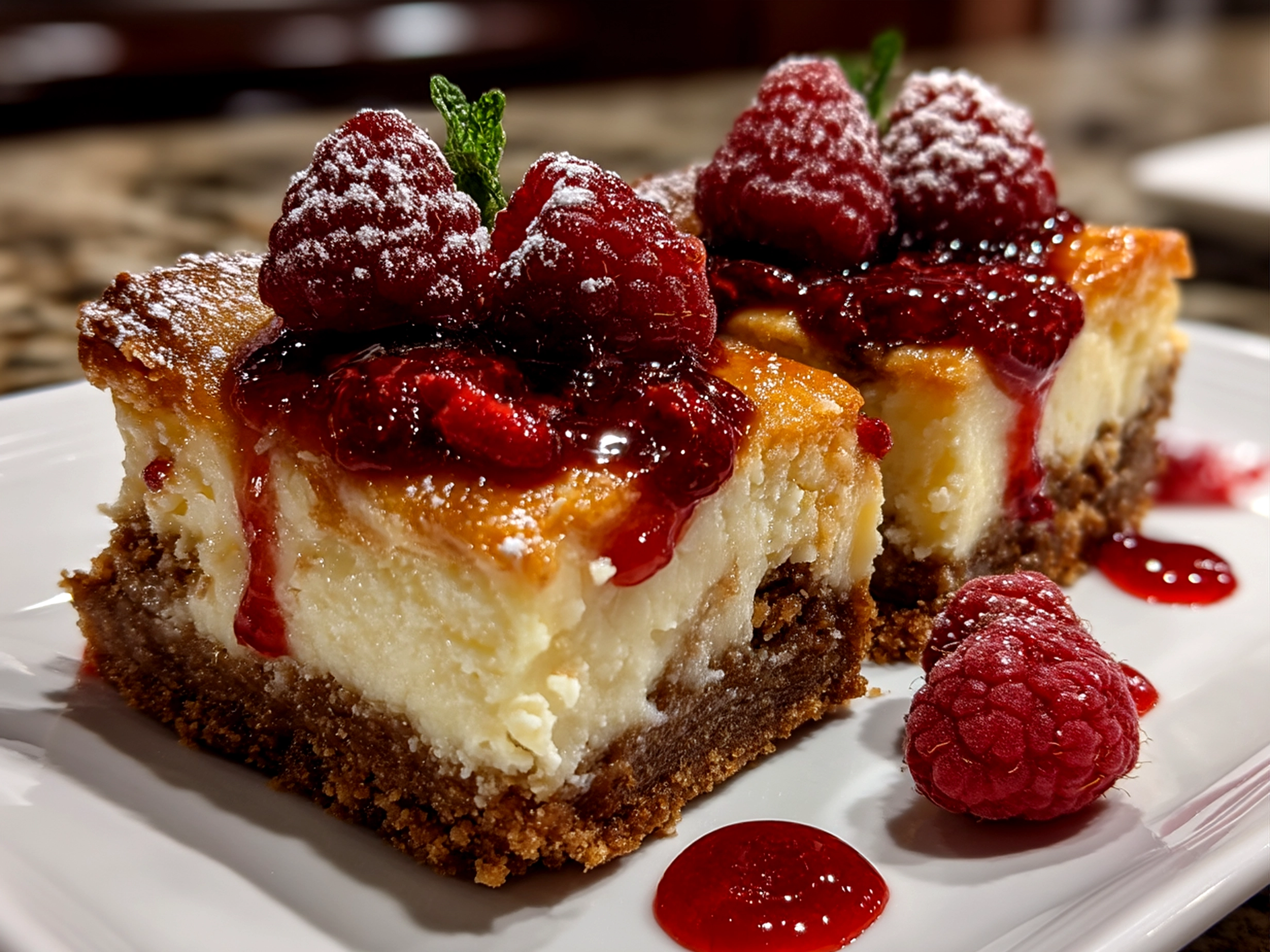Served White Chocolate Raspberry Cheesecake Bars on a white platter with fresh raspberries and white chocolate drizzle
