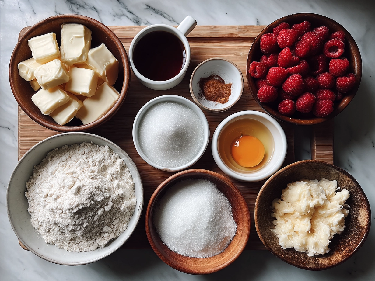 Ingredients for White Chocolate Raspberry Cheesecake Bars on a wooden table