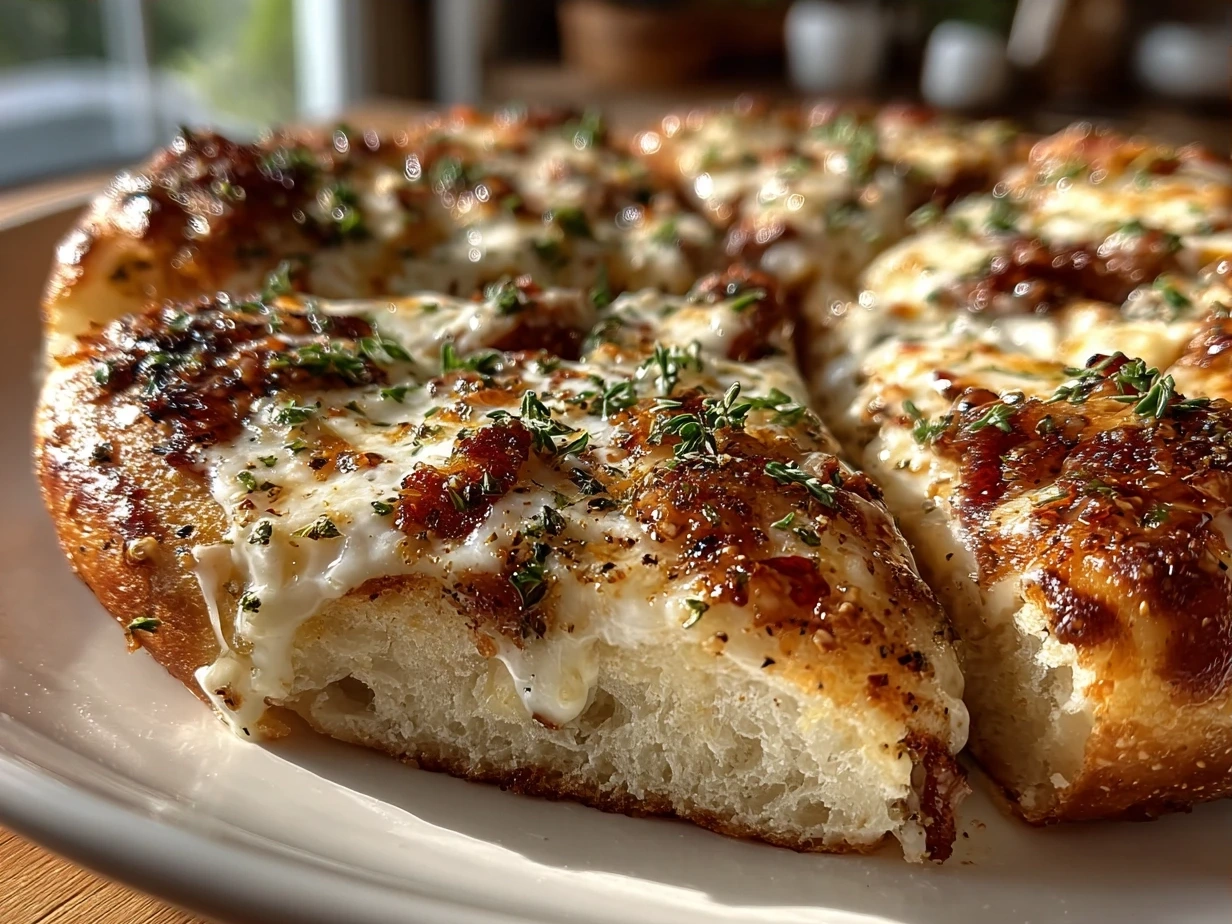 A freshly baked pizza featuring a golden-brown crust and a creamy White Garlic Pizza Sauce base, topped with melted cheese, fresh green herbs, and thinly sliced red onion, presented on a rustic wooden board, ready for serving.