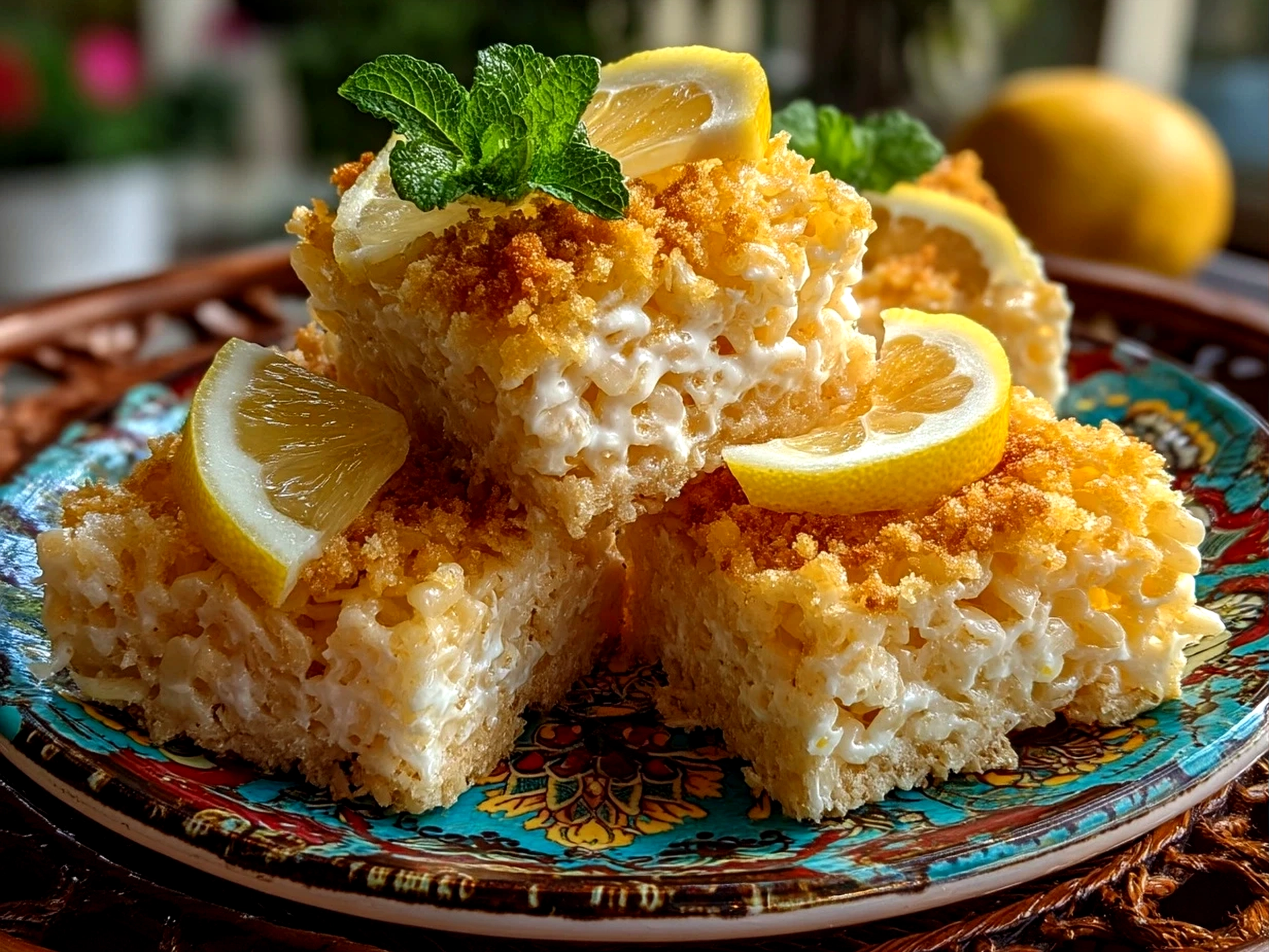 Zesty Lemon Rice Krispie Treats served on a platter with lemon wedges and mint