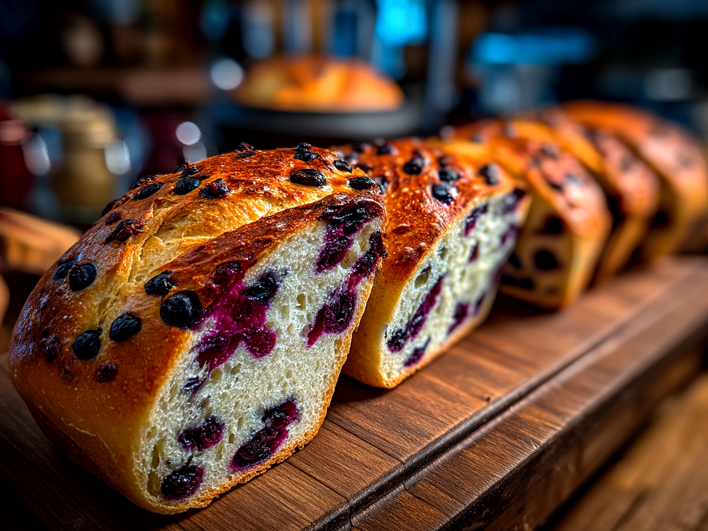 Finished beautiful sourdough discard blueberry bread with fresh vibrant colors, taken with iPhone 13 in amateur kitchen.