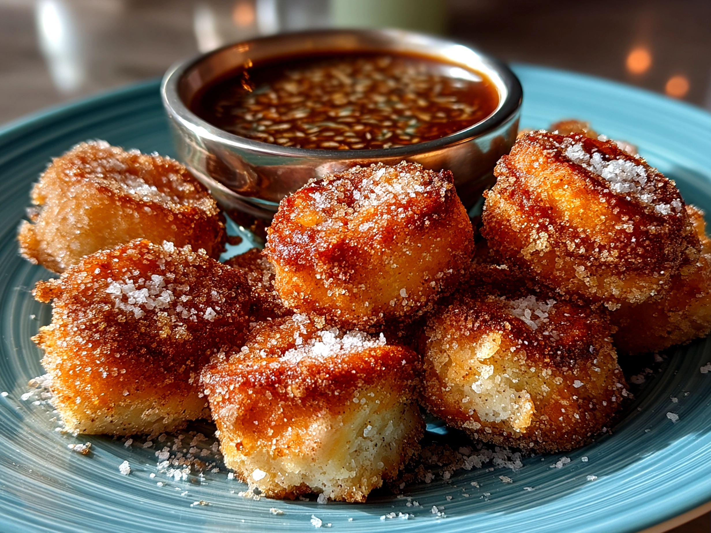 Close-up of finished comforting cinnamon sugar sourdough churro bites
