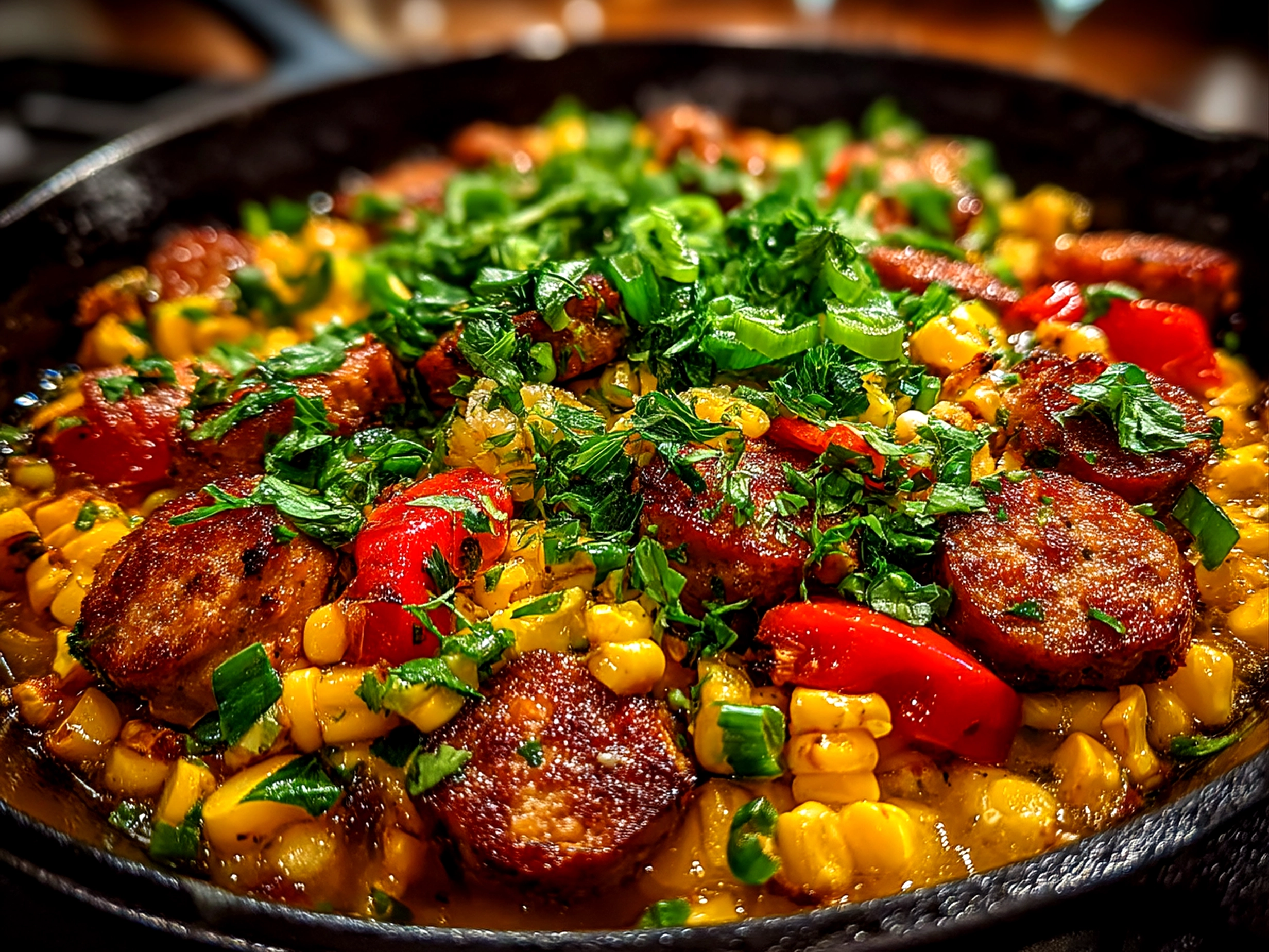 Close up of a finished comforting Maque Choux With Sausage Corn served in a bowl