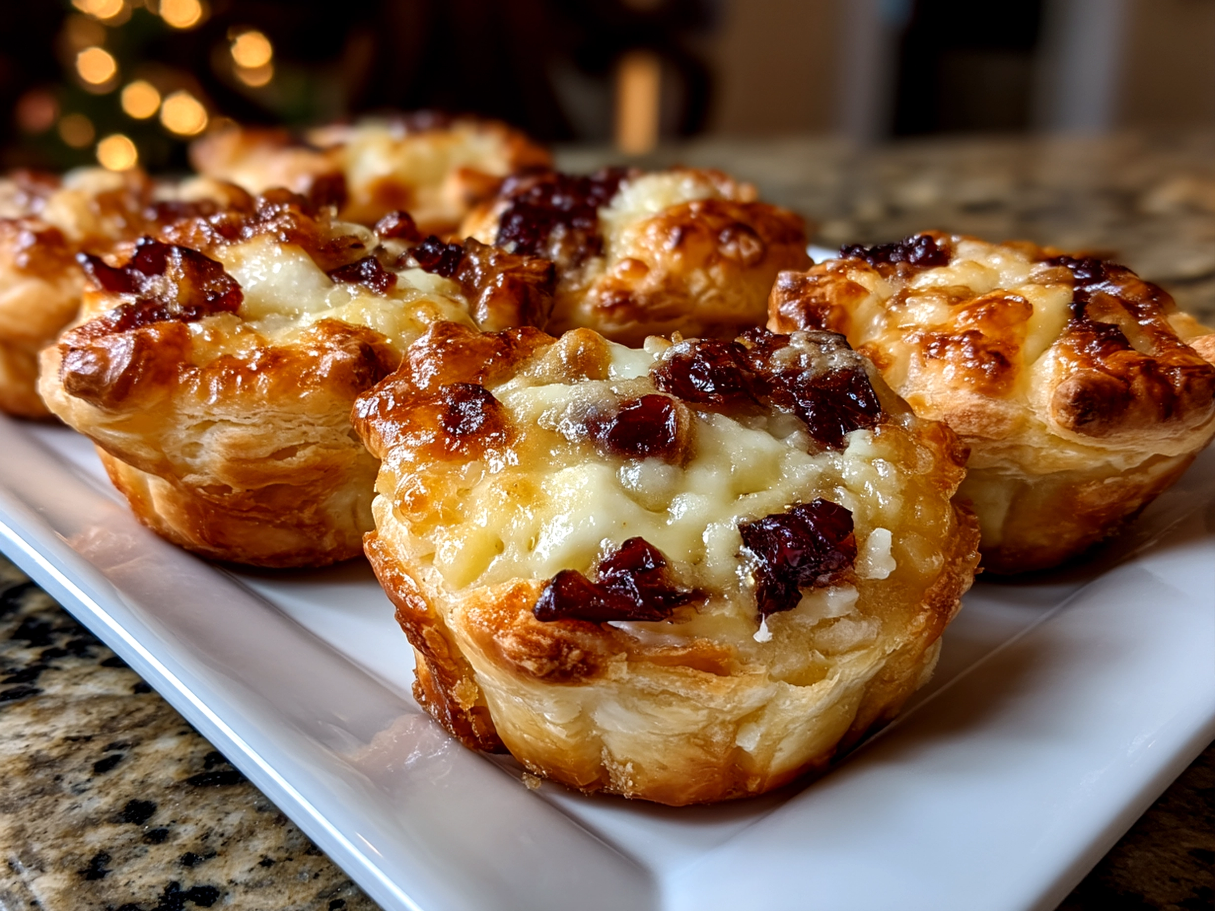 Close up of finished delicious cranberry brie puff pastry cups on a wooden surface