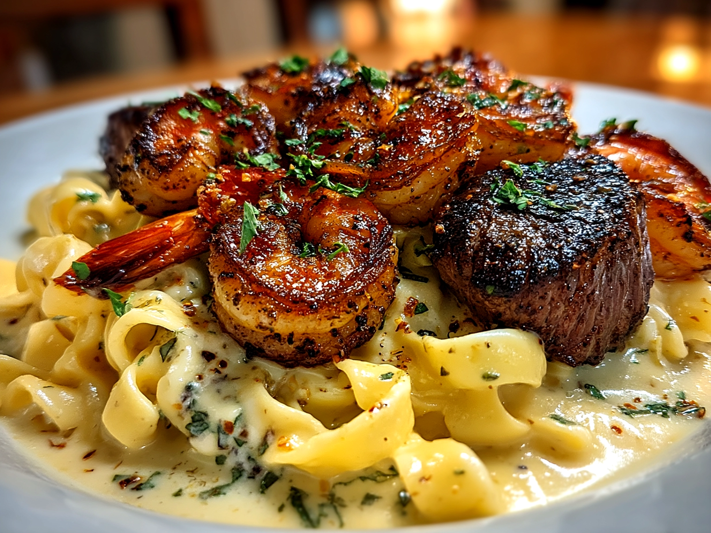 Close up finished homemade Blackened Steak Shrimp Alfredo, rich and inviting