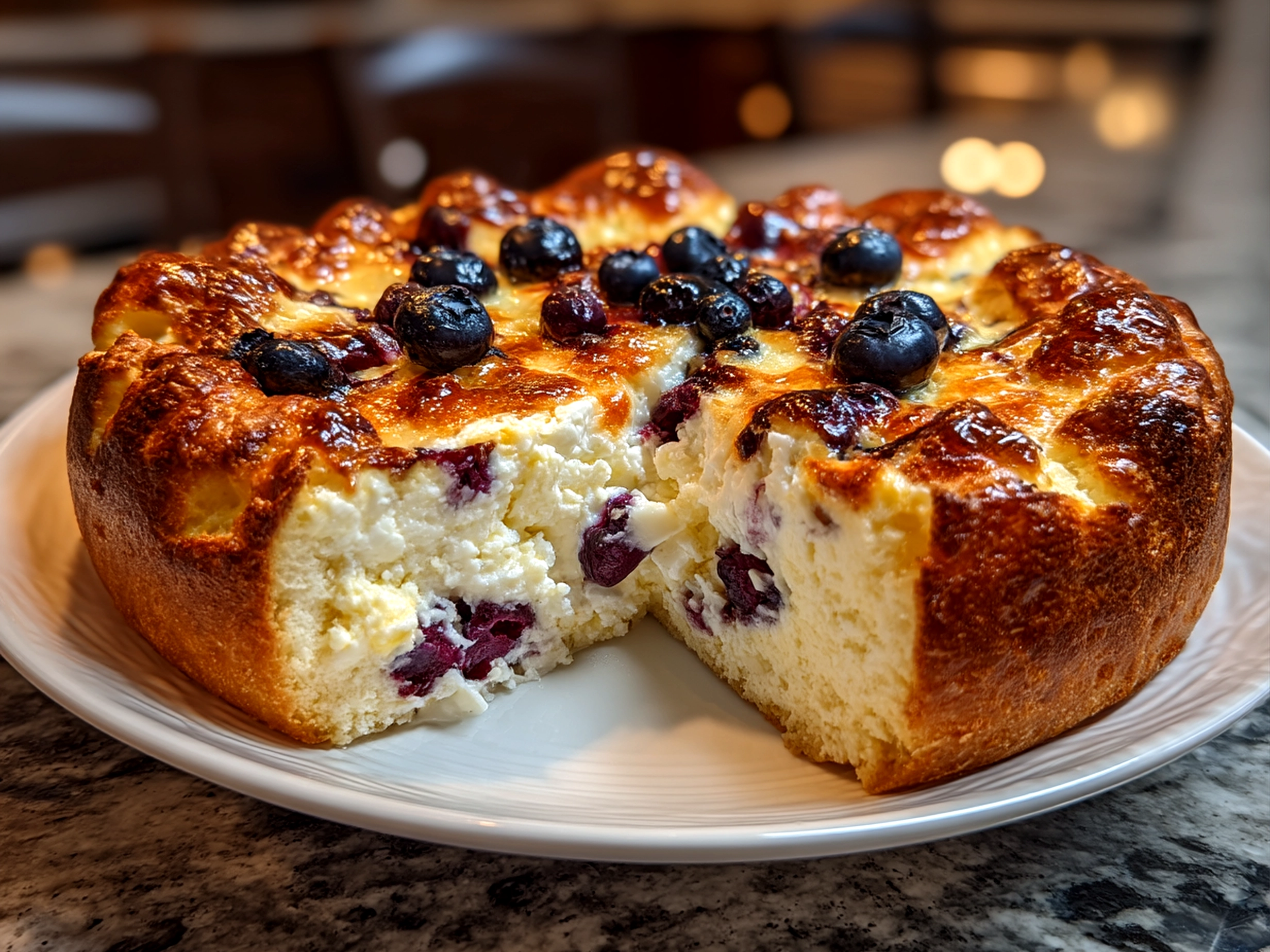 Close up of finished comforting cottage cheese blueberry cloud bread