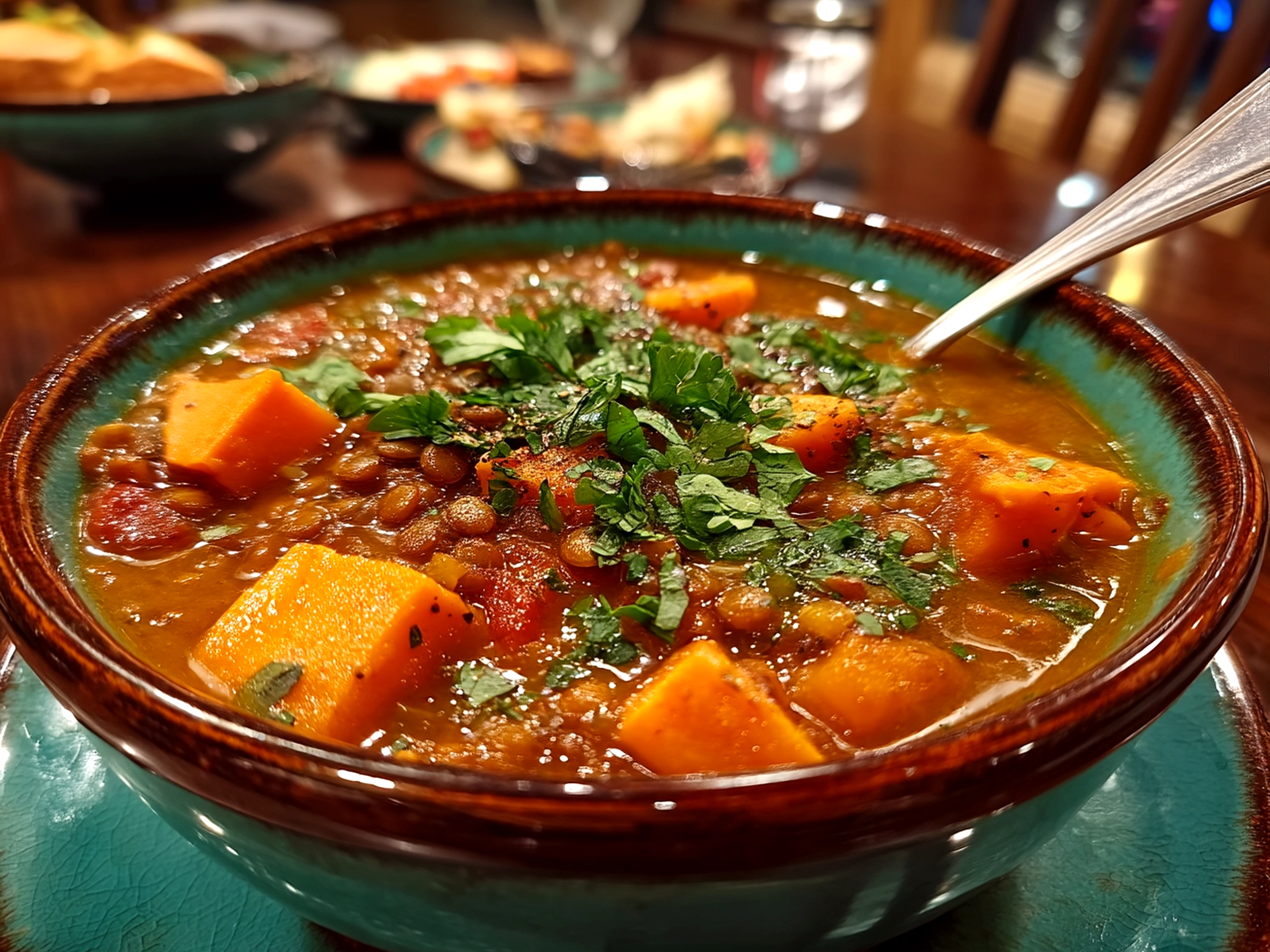Close up finished comforting sweet potato lentil stew in a bowl