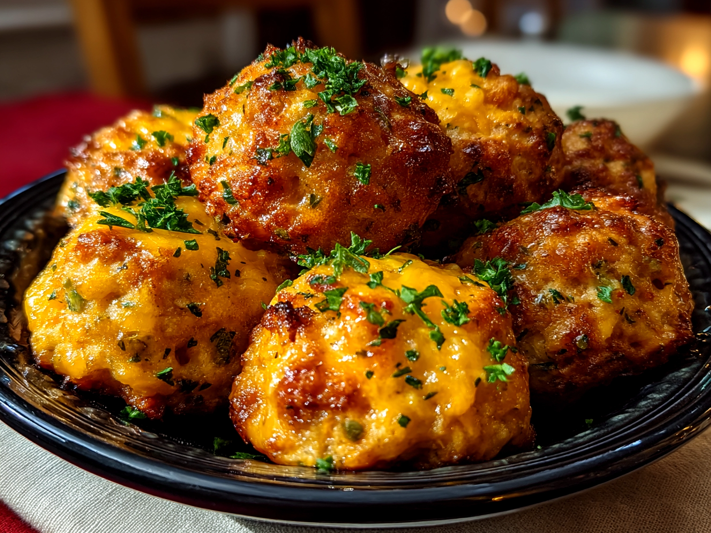 Close up finished homemade Cheddar Bay Sausage Balls with fresh vibrant finish