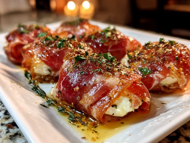 amateur kitchen, taken with iPhone 14. Close-up slight angle of delicious prosciutto wrapped mozzarella bites on white plate. mouthwatering --ar 4:3 --style raw --s 230