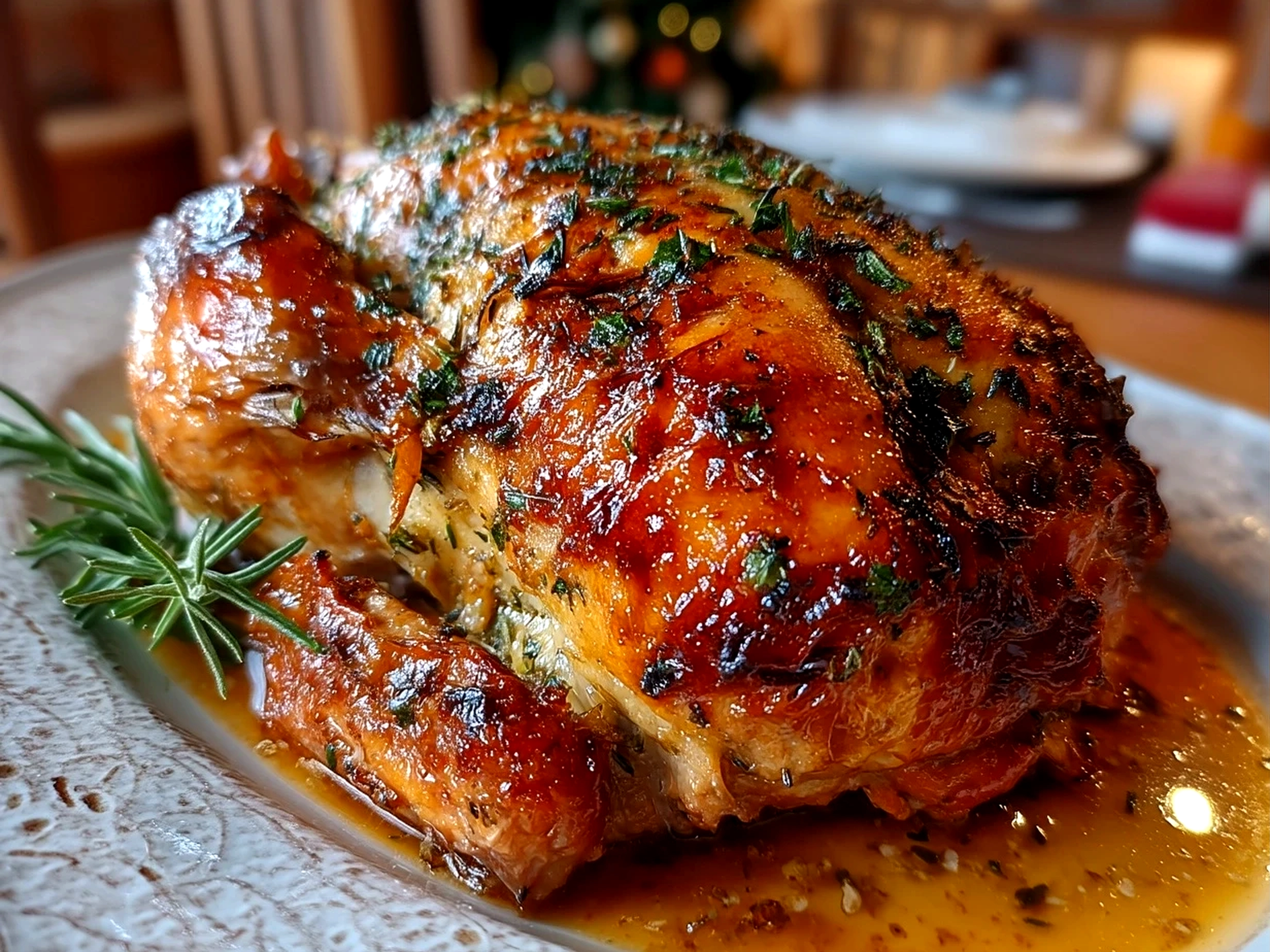 Close-up of a beautifully finished roast turkey served on a platter with fresh herbs and lemon slices