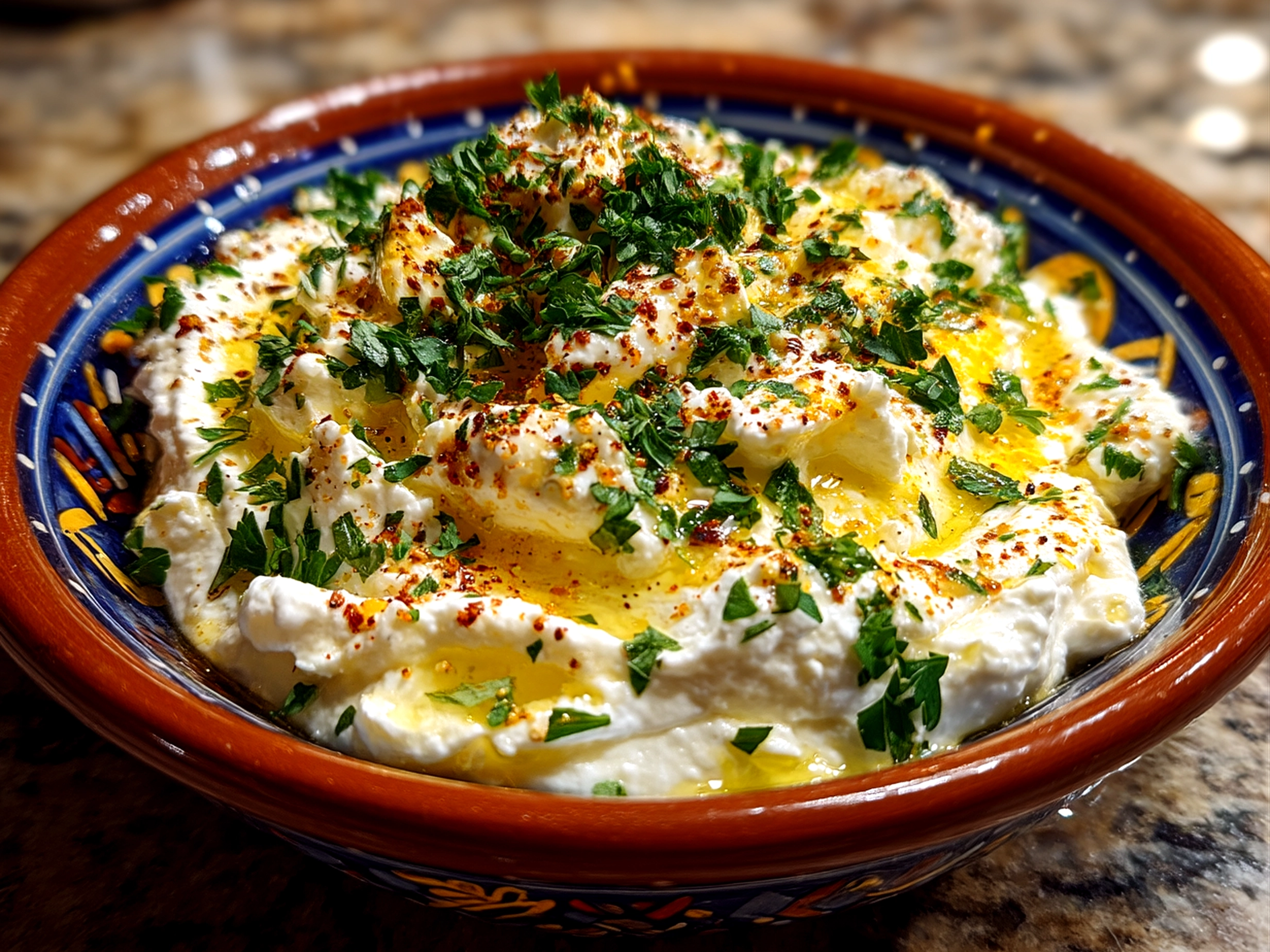 Close up of finished comforting whipped ricotta dip fresh and vibrant.